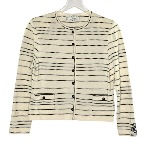 St. John XS Womens Santana Knit Jacket Cardigan Cream Black Old Money *flaw - Picture 1 of 10